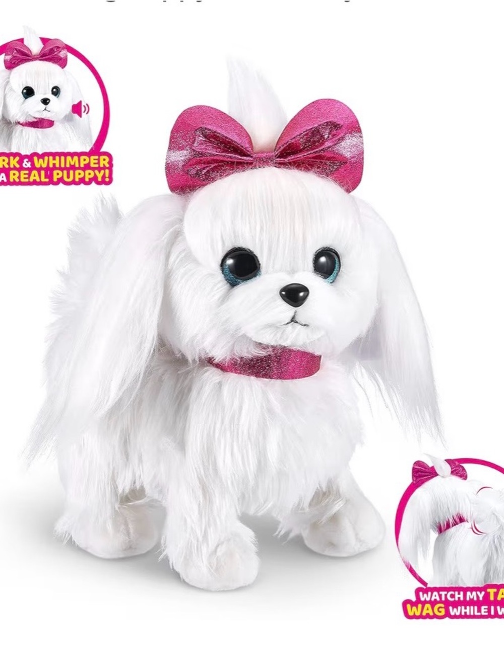White Walking Plush Puppy Toy with Pink Bow Collar - New in Box